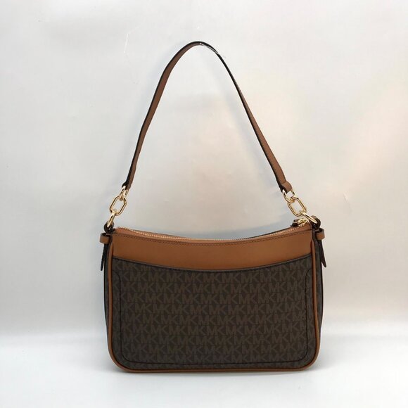 Michael Kors Brown Coated Canvas Jet Set Charm Medium Pochette Convertible Shoul - Picture 2 of 12